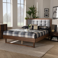 Baxton Studio Viviana-Light Grey/Ash Walnut-Queen Viviana Modern and Contemporary Light Grey Fabric Upholstered and Ash Walnut Finished Wood Queen Size Platform Bed